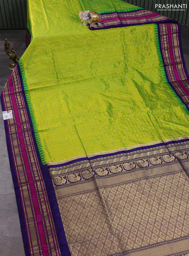 Narayanpet silk saree fluorescent green and navy blue with allover zari checks & buttas and temple design zari woven border