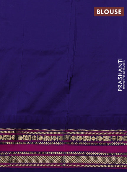 Narayanpet silk saree fluorescent green and navy blue with allover zari checks & buttas and temple design zari woven border