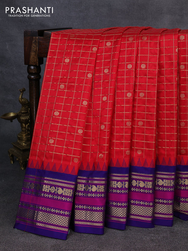 Narayanpet silk saree red and blue with allover zari checks & buttas and temple design zari woven border