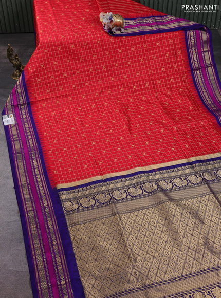Narayanpet silk saree red and blue with allover zari checks & buttas and temple design zari woven border