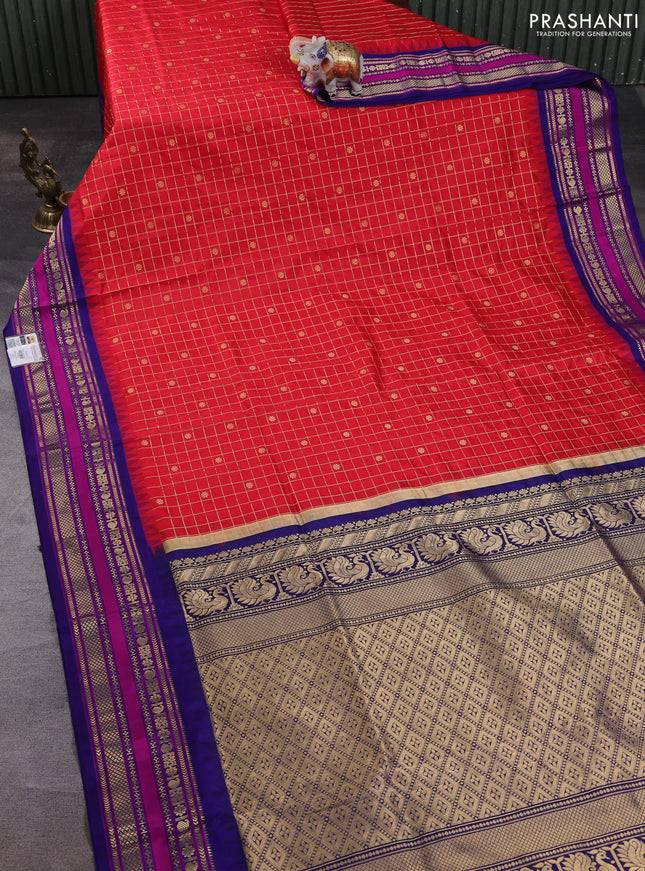 Narayanpet silk saree red and blue with allover zari checks & buttas and temple design zari woven border