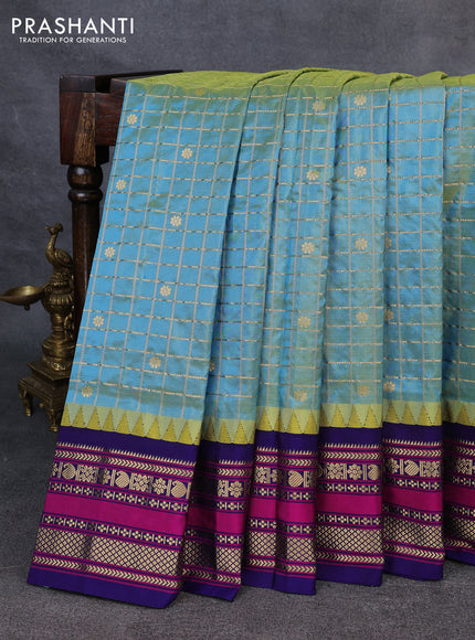 Narayanpet silk saree dual shade of teal green and navy blue with allover zari checks & buttas and temple design rettapet zari woven border
