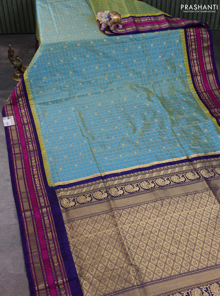 Narayanpet silk saree dual shade of teal green and navy blue with allover zari checks & buttas and temple design rettapet zari woven border