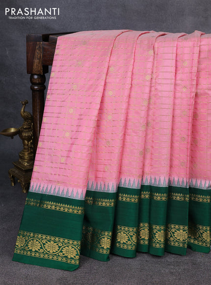 Narayanpet silk saree peach orange and green with allover zari checks & buttas and temple design rettapet zari woven border