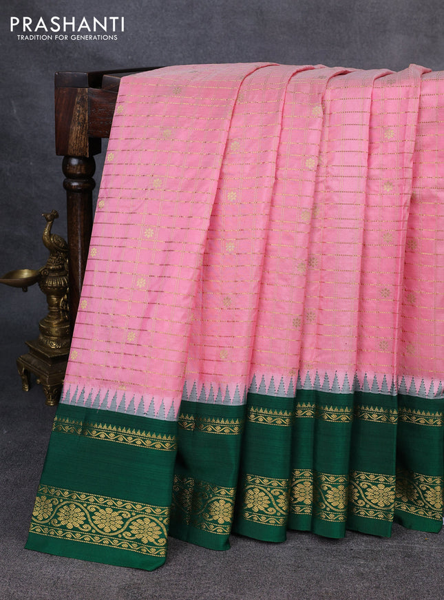 Narayanpet silk saree peach orange and green with allover zari checks & buttas and temple design rettapet zari woven border