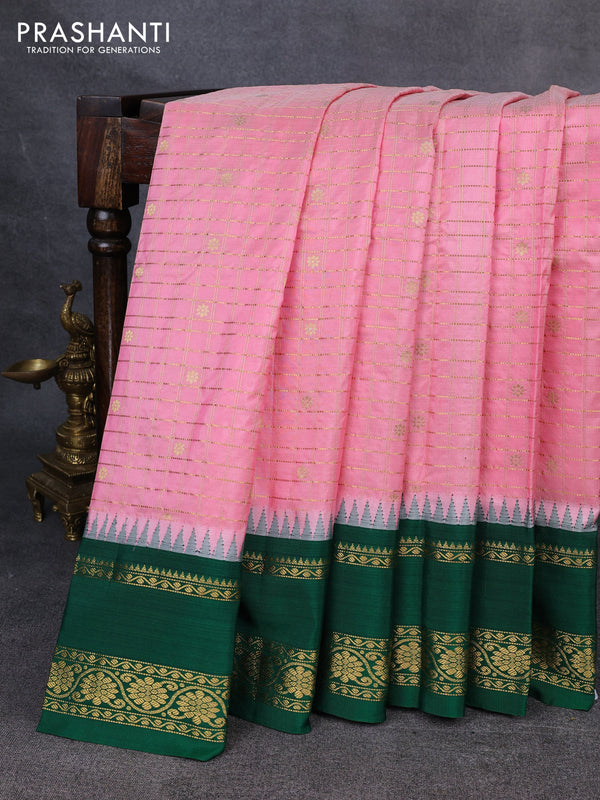 Narayanpet silk saree peach orange and green with allover zari checks & buttas and temple design rettapet zari woven border