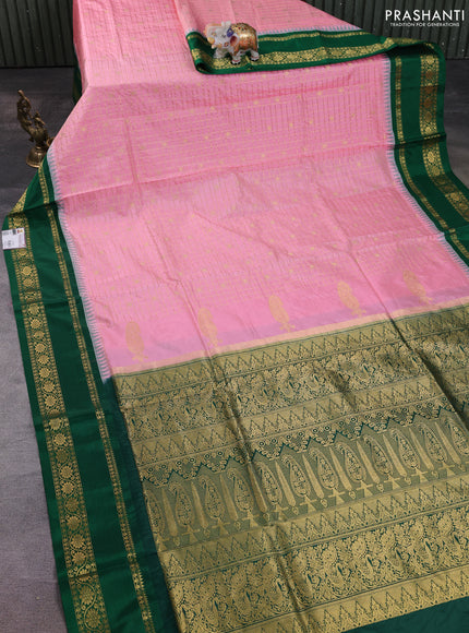 Narayanpet silk saree peach orange and green with allover zari checks & buttas and temple design rettapet zari woven border