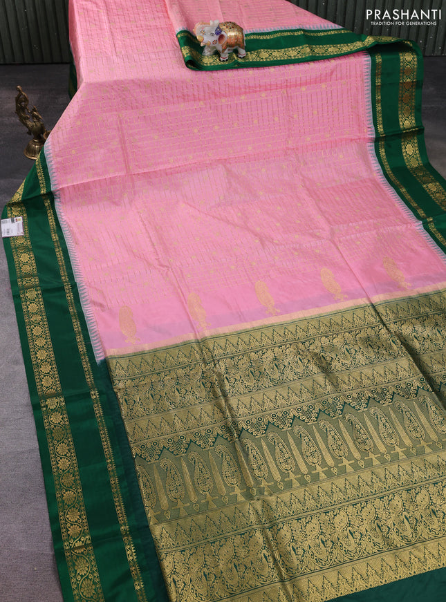 Narayanpet silk saree peach orange and green with allover zari checks & buttas and temple design rettapet zari woven border