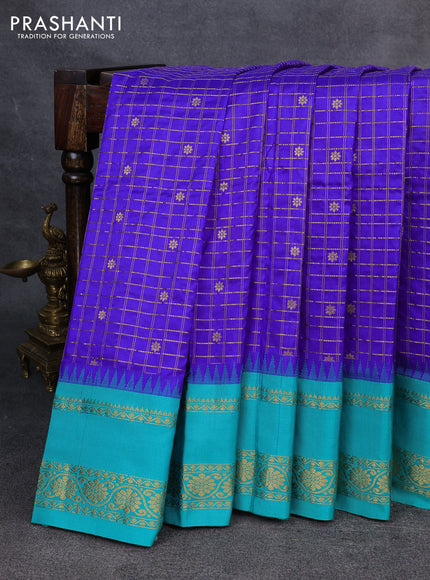 Narayanpet silk saree royal blue and teal green with allover zari checks & buttas and temple design rettapet zari woven border