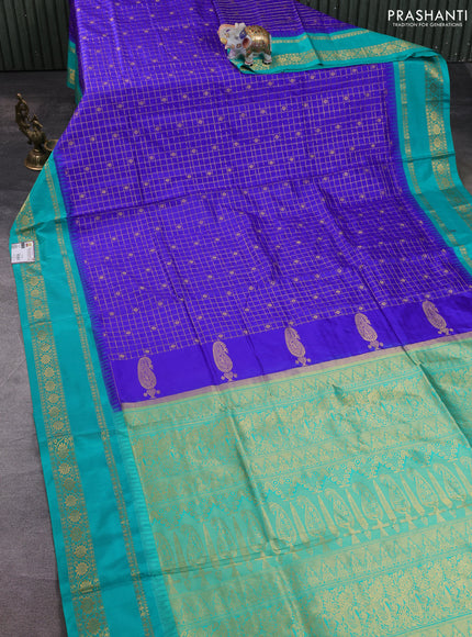 Narayanpet silk saree royal blue and teal green with allover zari checks & buttas and temple design rettapet zari woven border