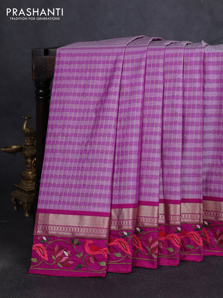Silk saree mild purple and magenta pink with allover zari checked pattern and zari woven embroidery work border