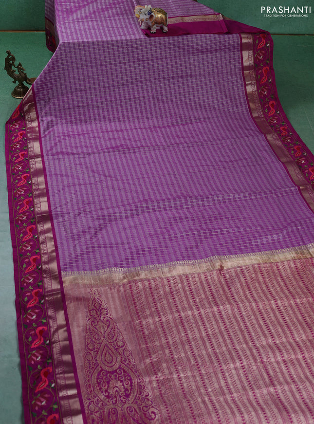 Silk saree mild purple and magenta pink with allover zari checked pattern and zari woven embroidery work border