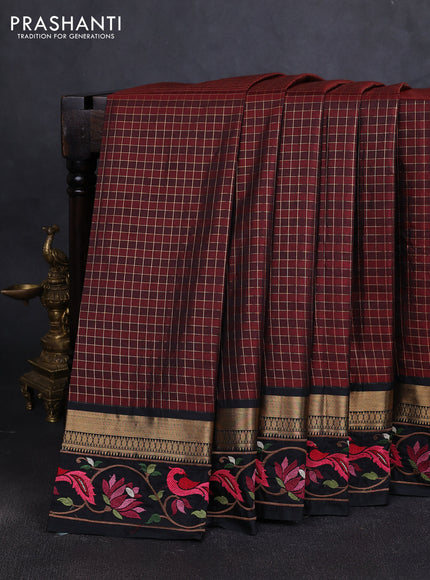 Art silk saree rust shade and black with allover zari checked pattern and zari woven embroidery work border