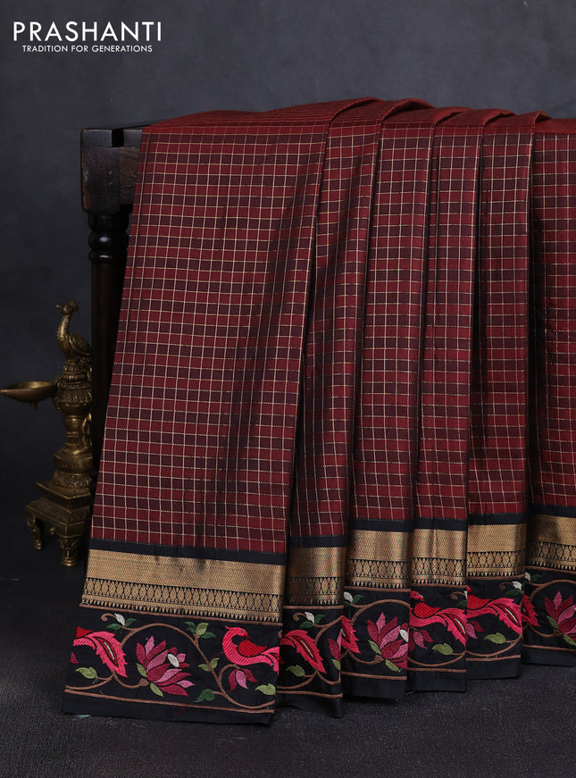 Silk saree rust shade and black with allover zari checked pattern and zari woven embroidery work border