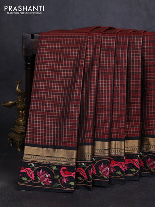 Silk saree rust shade and black with allover zari checked pattern and zari woven embroidery work border