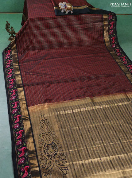 Art silk saree rust shade and black with allover zari checked pattern and zari woven embroidery work border