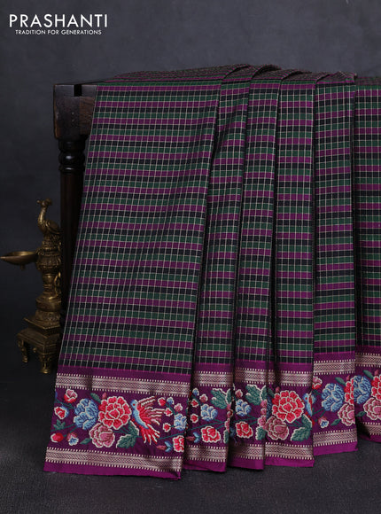 Silk saree multi colour and purple black with allover zari checked pattern and zari woven embroidery work border