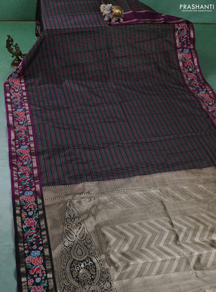 Silk saree multi colour and purple black with allover zari checked pattern and zari woven embroidery work border