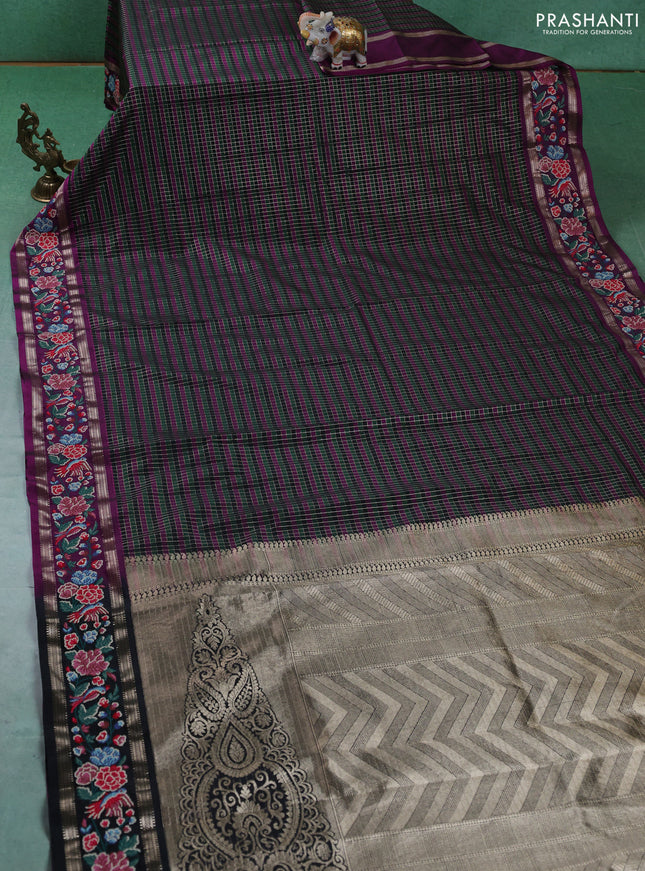 Silk saree multi colour and purple black with allover zari checked pattern and zari woven embroidery work border