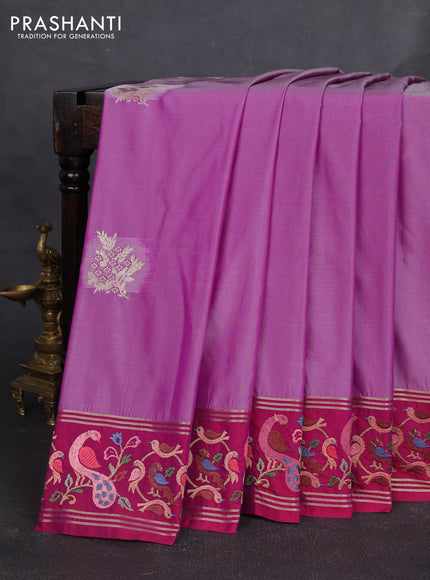 Art tussar silk saree pastel purple and magenta pink with zari woven buttas and zari woven embroidery work border
