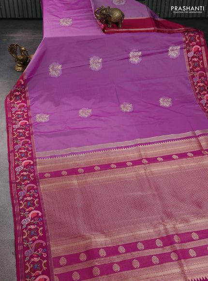 Art tussar silk saree pastel purple and magenta pink with zari woven buttas and zari woven embroidery work border