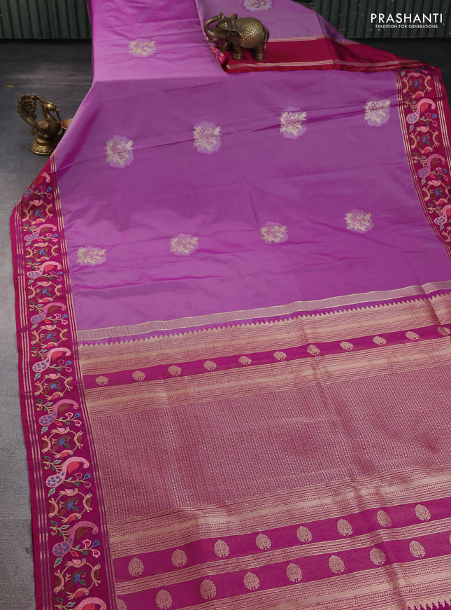 Tussar silk saree pastel purple and magenta pink with zari woven buttas and zari woven embroidery work border