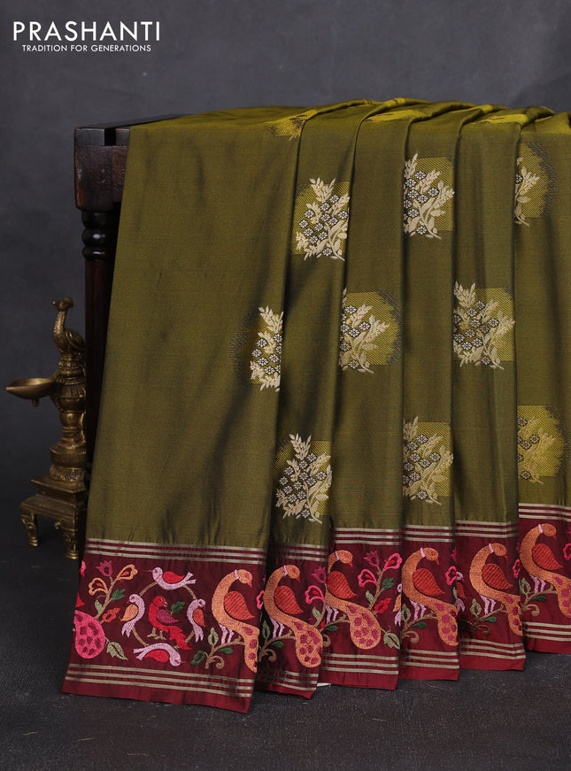Tussar silk saree mehendi green and deep maroon with zari woven buttas and zari woven embroidery work border