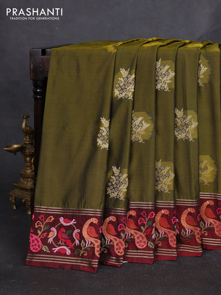 Tussar silk saree mehendi green and deep maroon with zari woven buttas and zari woven embroidery work border