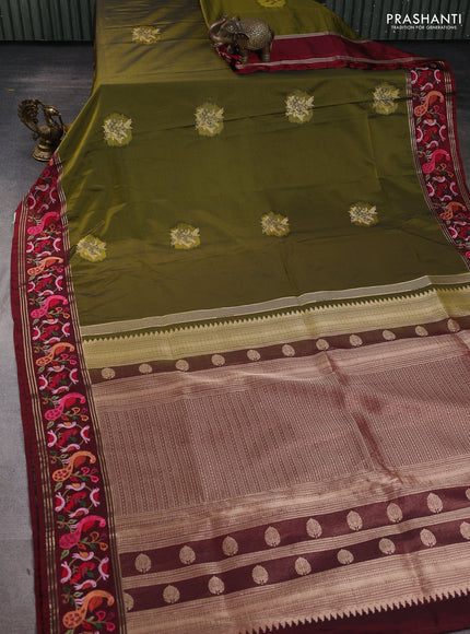 Art tussar silk saree mehendi green and deep maroon with zari woven buttas and zari woven embroidery work border