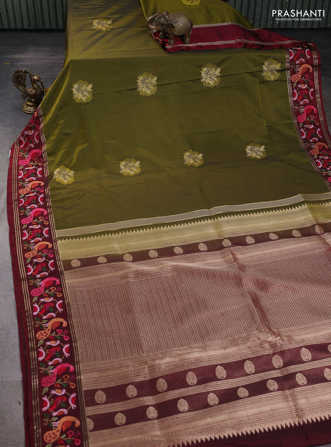 Tussar silk saree mehendi green and deep maroon with zari woven buttas and zari woven embroidery work border