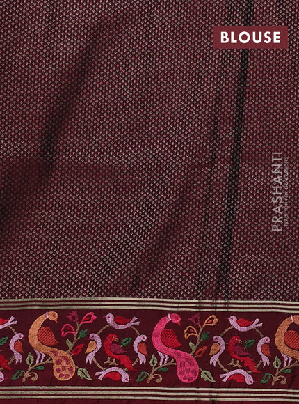 Art tussar silk saree mehendi green and deep maroon with zari woven buttas and zari woven embroidery work border