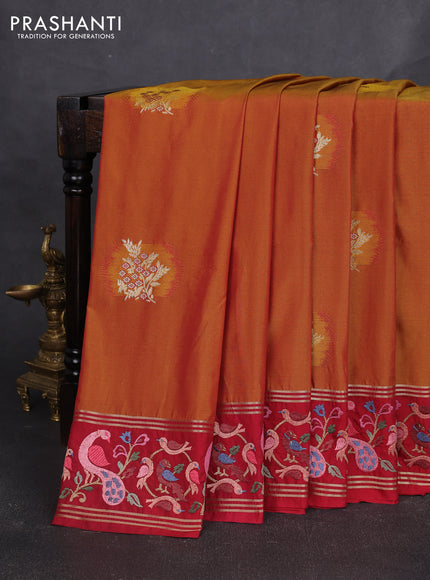 Art tussar silk saree dark mustard  and red with zari woven buttas and zari woven embroidery work border