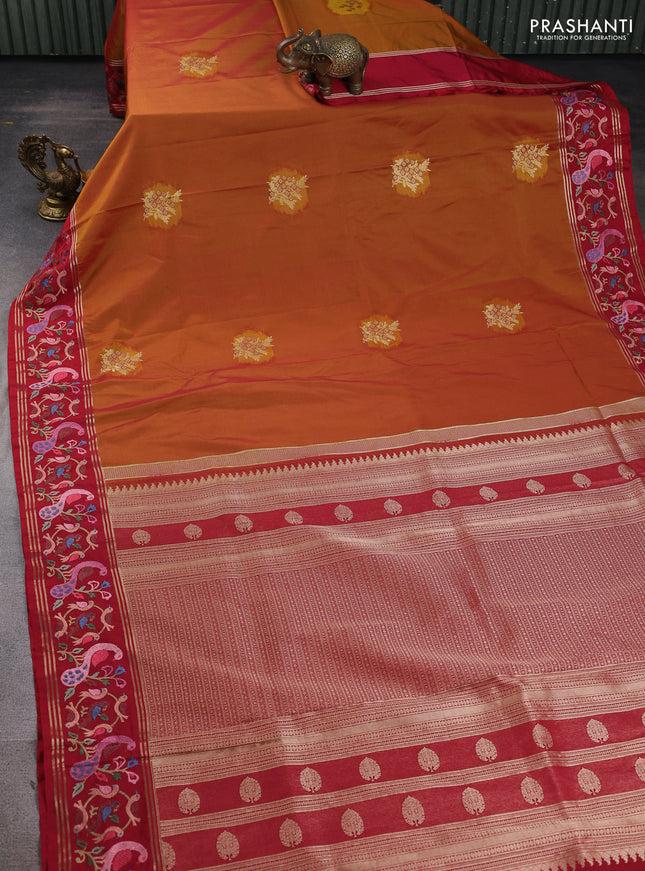 Tussar silk saree dark mustard  and red with zari woven buttas and zari woven embroidery work border