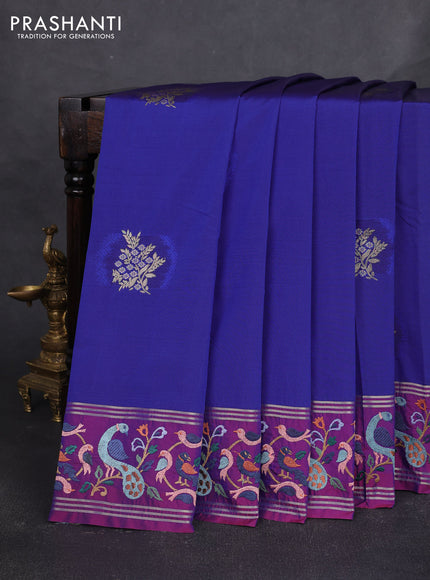 Art tussar silk saree blue and purple with zari woven buttas and zari woven embroidery work border