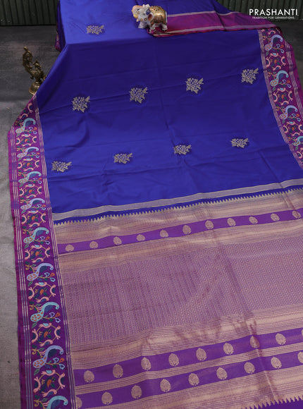 Art tussar silk saree blue and purple with zari woven buttas and zari woven embroidery work border