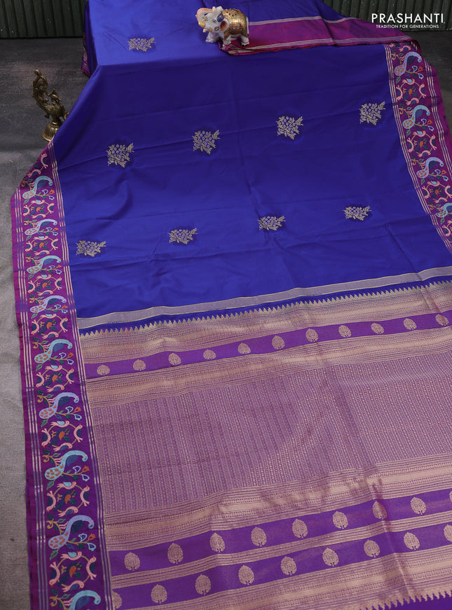 Tussar silk saree blue and purple with zari woven buttas and zari woven embroidery work border