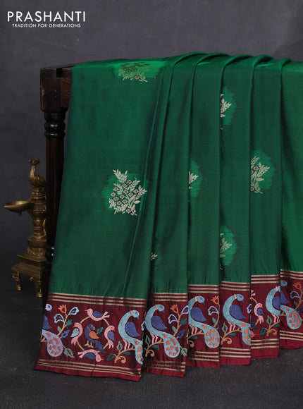 Art tussar silk saree green and deep maroon with zari woven buttas and zari woven embroidery work border