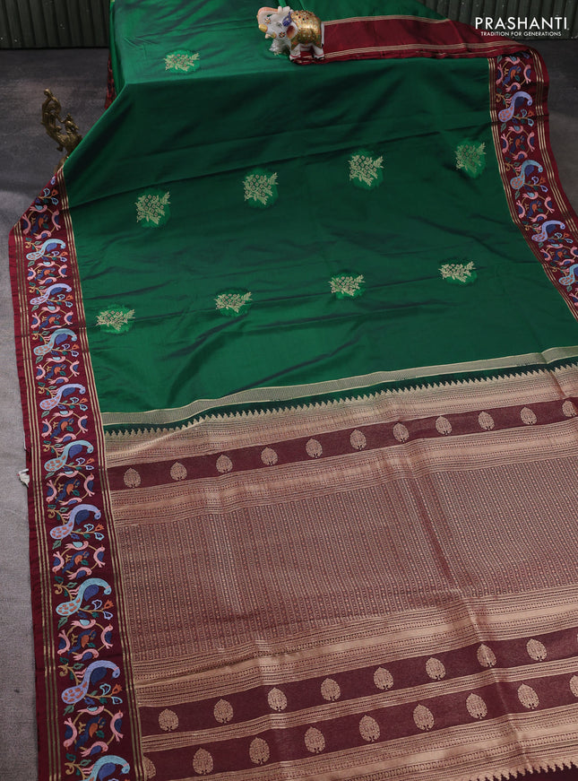 Tussar silk saree green and deep maroon with zari woven buttas and zari woven embroidery work border