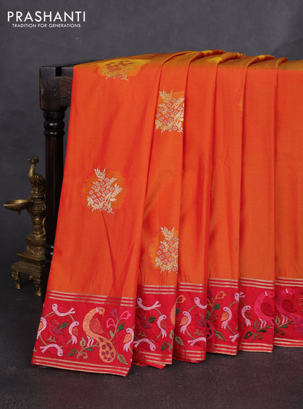 Art tussar silk saree sunset orange and red with zari woven buttas and zari woven embroidery work border