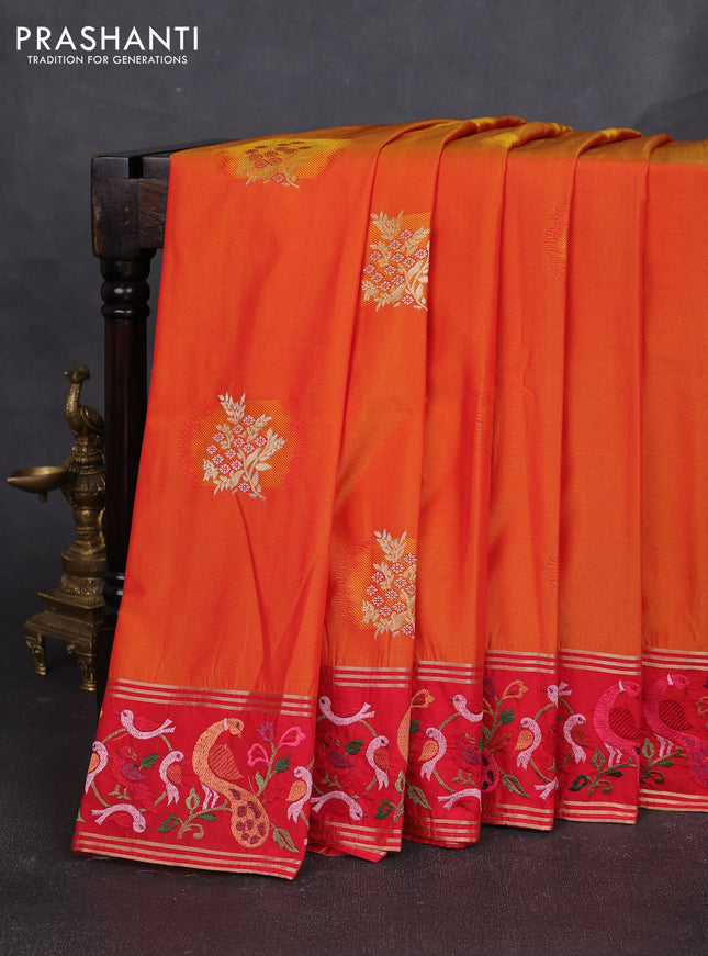 Tussar silk saree sunset orange and red with zari woven buttas and zari woven embroidery work border