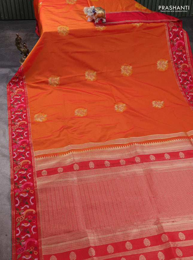 Tussar silk saree sunset orange and red with zari woven buttas and zari woven embroidery work border