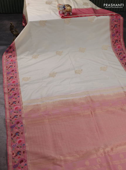 Art tussar silk saree cream and red shade with zari woven buttas and zari woven embroidery work border