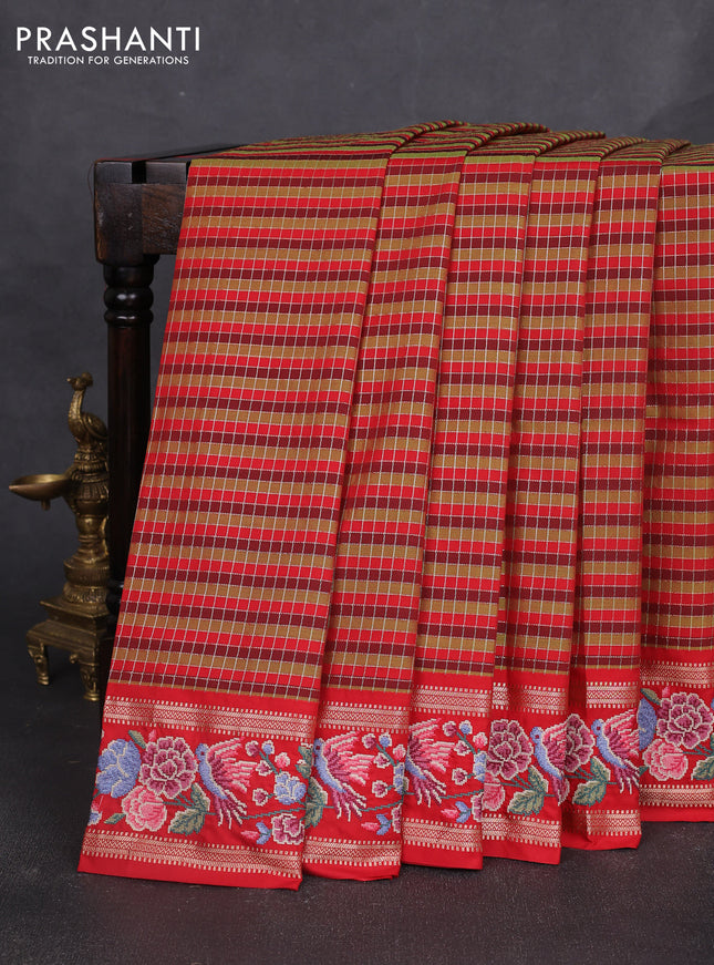 Tussar silk saree multi colour and maroon with allover zari checked pattern and zari woven conven embroidery work border