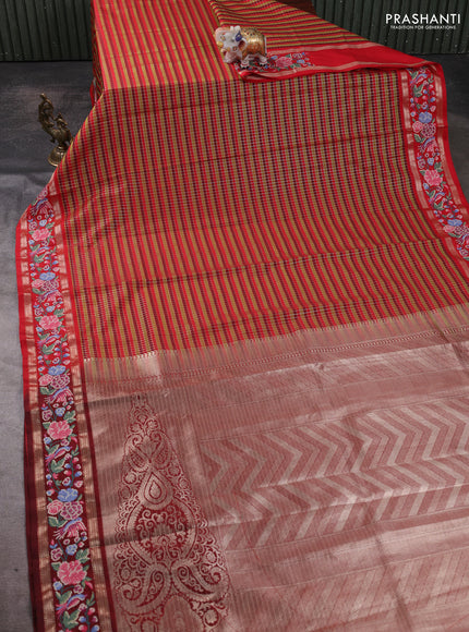 Art tussar silk saree multi colour and maroon with allover zari checked pattern and zari woven conven embroidery work border