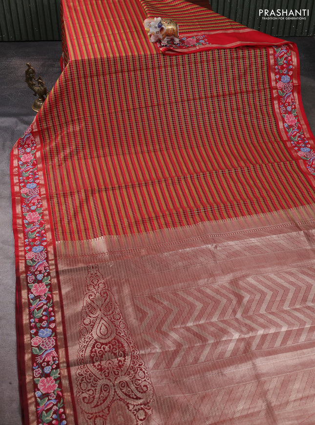 Tussar silk saree multi colour and maroon with allover zari checked pattern and zari woven conven embroidery work border
