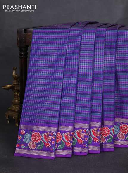 Art tussar silk saree multi colour and blue with allover zari checked pattern and zari woven conven embroidery work border