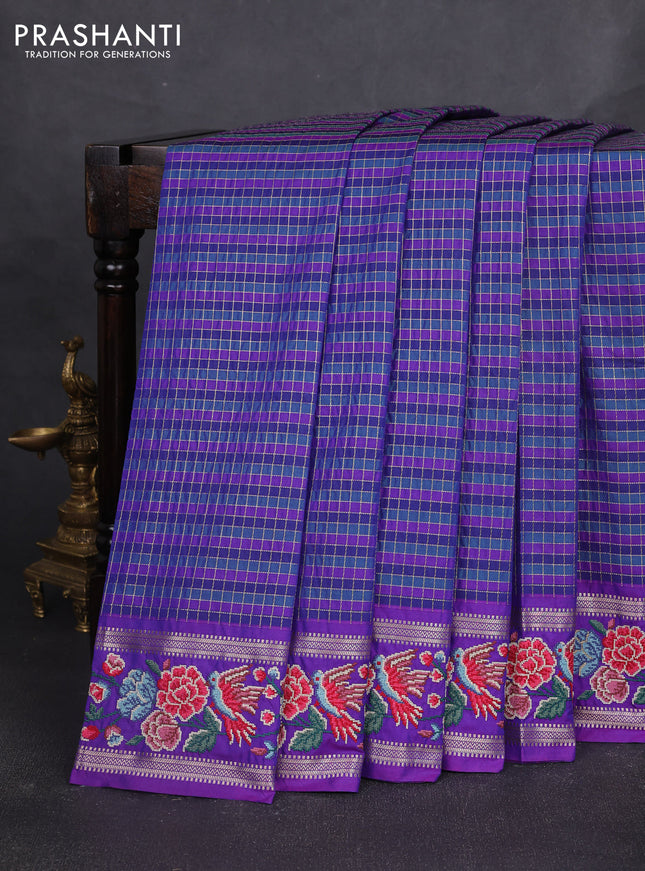 Tussar silk saree multi colour and blue with allover zari checked pattern and zari woven conven embroidery work border
