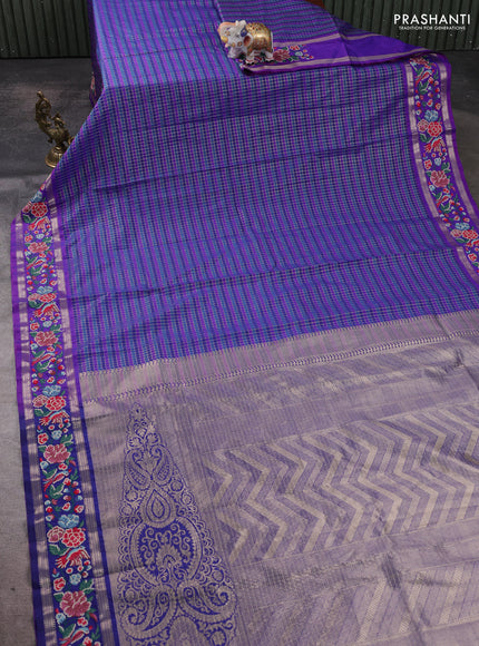 Art tussar silk saree multi colour and blue with allover zari checked pattern and zari woven conven embroidery work border