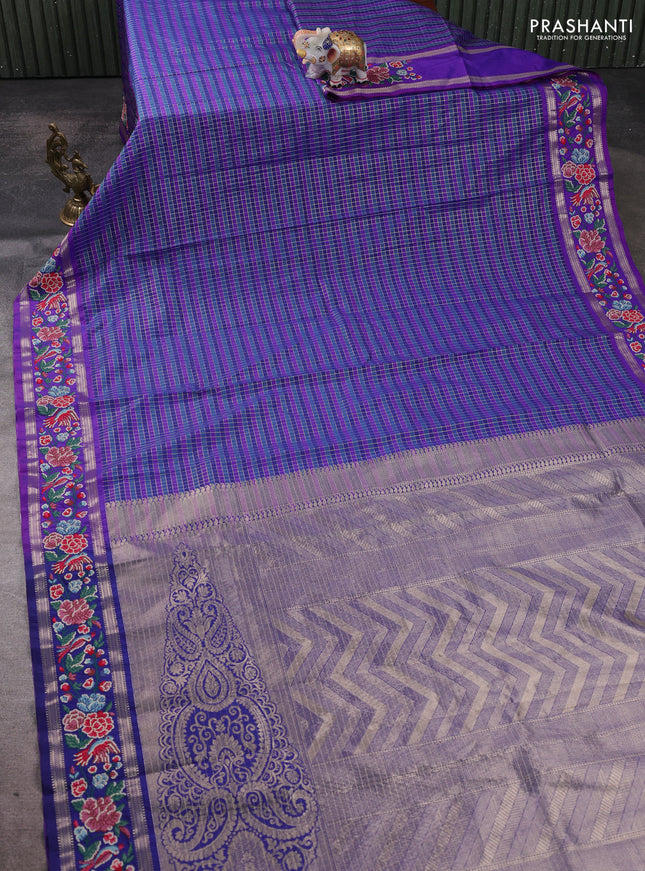 Tussar silk saree multi colour and blue with allover zari checked pattern and zari woven conven embroidery work border