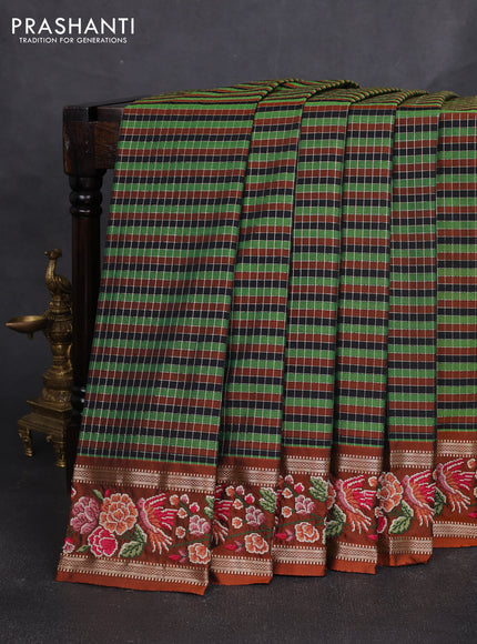 Art tussar silk saree multi colour and black with allover zari checked pattern and zari woven conven embroidery work border
